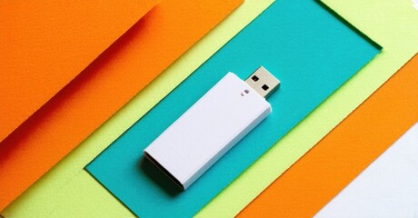 Poster - White usb drive rests upon colorful paper strips. Bright hues create dynamic visual contrast. Simple composition, clean aesthetic.