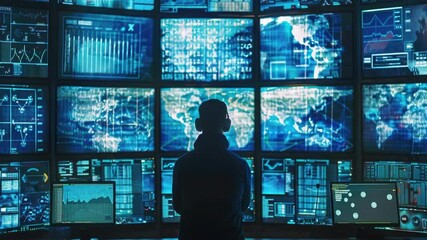 Poster - A person standing in front of several computer monitors and screens