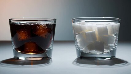Aufkleber - Multiple glasses filled with soda and ice are juxtaposed with glasses filled with sugar cubes, illustrating the high sugar content in soda and promoting awareness of healthy alternatives