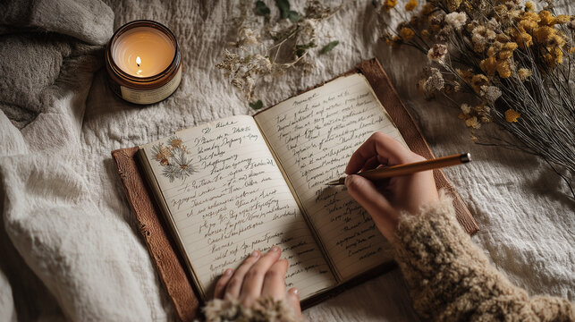 Writing in Journal with Candle and Dried Flowers on Bed