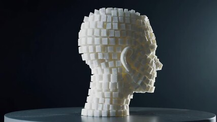 Poster - Sugar cubes compose a human head rotating slowly on a gray pedestal, symbolizing sugar consumption effects and health risks on a dark background