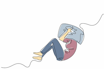 Poster - Continuous one line drawing woman lying curled up on the bed with head covered by pillow. Stress. Want to scream out loud. National Anxiety Screening Day. Single line draw design vector illustration