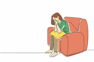 Poster - Continuous one line drawing woman sitting on a single sofa covering face with both palms. Receiving bad treatment. Stress. National Anxiety Screening Day. Single line draw design vector illustration