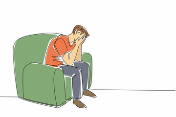 Poster - Single one line drawing a man sitting on a single sofa covering face with both palms. Tests of life come one after another. National Anxiety Screening Day. Continuous line design graphic illustration