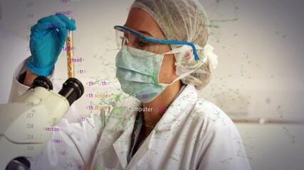 Poster - Lab scientist bringing test tube to eyepiece, examining color gradient and code graphics flickering
