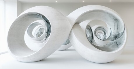 Poster - Abstract sculpture features intertwined loops. Smooth, pale stone creates swirling visual effect. Minimalist design, modern art installation.