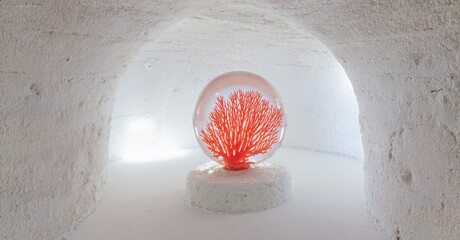 Poster - Red coral inside glass sphere rests upon white base. Stone archway frames display, creating soft lighting effect. Minimalist composition.