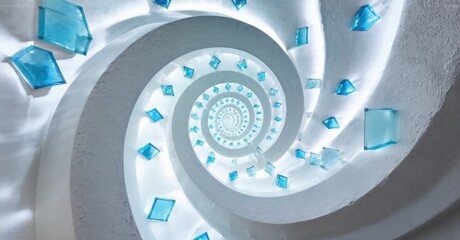 Poster - Spiral staircase design. White walls feature blue glass accents. Modern architecture, interesting light play, geometric patterns visible.