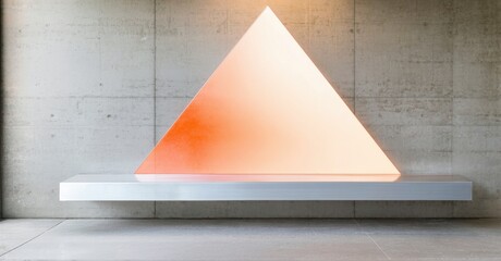 Poster - Minimalist sculpture. Triangle form glows, resting on metal shelf against concrete wall. Simple geometry, modern aesthetic.