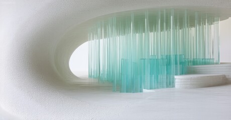 Poster - Minimalist interior features translucent vertical elements. White walls create soft light, modern design, spaciousness. Unique architectural installation.