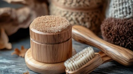 Poster - A detailed view of a wooden brush holder with soft brushes inside, suitable for beauty or art related uses