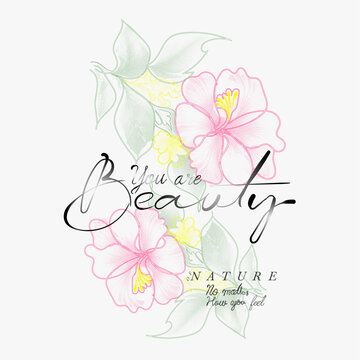 Vintage Doted flowers print, Beauty of nature slogan text print design. flowers hibiscus botanical art style.  printed t-shirt design for  women's, summer tropical flowers. flower graphic in vector,