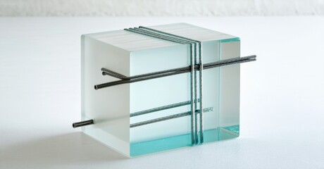Poster - Glass cube features metal rods passing through it. Minimalist sculpture, clean lines, modern design, simple form. Light plays with transparency.