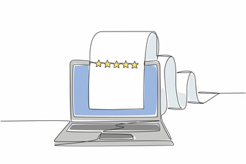 Poster - Single continuous line drawing laptop with paper rolling out of the screen to the back. Review page. Providing feedback for quality improvement. Write a Review Day. One line design vector illustration