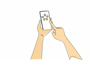 Poster - Continuous one line drawing hand hold smartphone and points at smartphone screen which has 5 stars. Always give 5 stars. Best quality. Write a Review Day. Single line draw design vector illustration