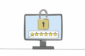 Poster - Single continuous line drawing monitor with open padlock on screen. A unique combination of 6 characters to unlock. Strong protection. Code. World Password Day. One line design vector illustration
