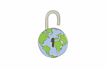Poster - Continuous one line drawing globe made into an open padlock with a keyhole in the middle. Added passkey for easy login. Biometric. World Password Day. Single line draw design vector illustration