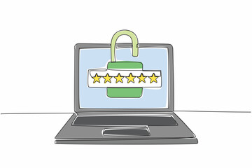 Aufkleber - Continuous one line drawing laptop with open padlock logo in the middle of screen. Good information security management. Need password. World Password Day. Single line draw design vector illustration