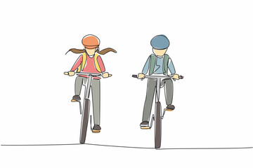 Poster - Single continuous line drawing a boy and a girl riding a bicycle side by side wearing helmets. Together is more fun. Cycling buddy. National Bike to School Day. One line design vector illustration