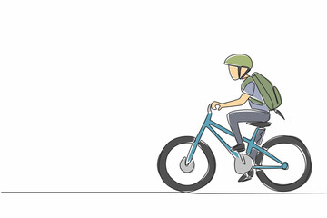 Poster - Single one line drawing a boy riding a bicycle while carrying a bag and wearing a helmet. Pedal hard to come first. Biker. National Bike to School Day. Continuous line design graphic illustration