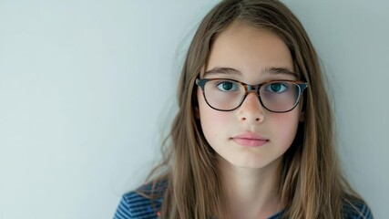 Poster - A young girl wearing glasses and a striped shirt, looking directly at the camera