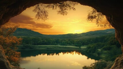 Poster - A serene lake scene viewed from inside a cave