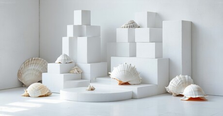 Poster - White shells rest upon stacked white blocks. Minimalist composition, clean aesthetic, bright studio lighting creates soft shadows.