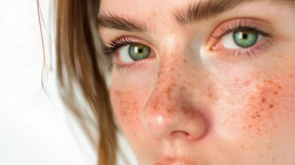 Poster - A close-up of a woman's face with distinctive freckles, suitable for use in portraits or beauty-related contexts