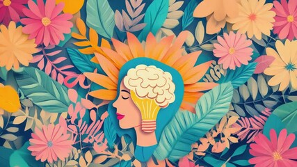 Poster - A person surrounded by flowers with a light bulb in their head, possibly representing creativity or inspiration