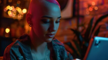 Poster - Woman with pink hair typing on tablet, modern lifestyle illustration
