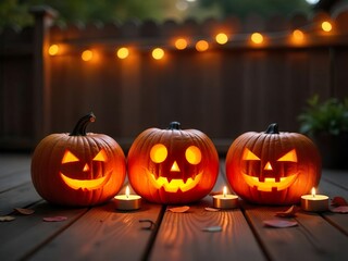 Wall Mural - Three carved pumpkins with lit candles on a wooden deck, bathed in warm light,with three carved pumpkins arranged in a horizontal row.  Background with halloween pumpkins, candles and autumn leaves