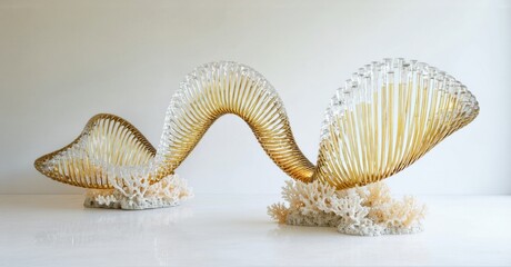 Poster - Sculpture resembling marine life. Golden rods form wave shape atop coral base. Minimalist aesthetic, clean lines, bright studio lighting.