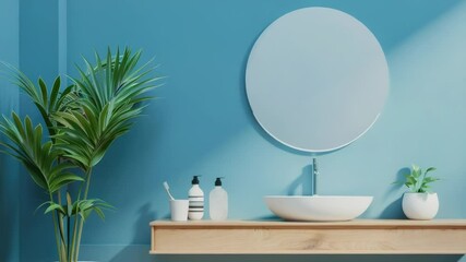Poster - A cozy bathroom interior featuring a sink, mirror, and potted plant