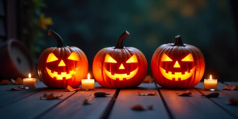 Wall Mural - Three carved pumpkins with lit candles on a wooden deck, bathed in warm light,with three carved pumpkins arranged in a horizontal row.  Background with halloween pumpkins, candles and autumn leaves