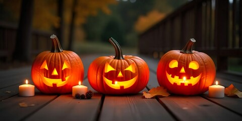 Wall Mural - Three carved pumpkins with lit candles on a wooden deck, bathed in warm light,with three carved pumpkins arranged in a horizontal row.  Background with halloween pumpkins, candles and autumn leaves