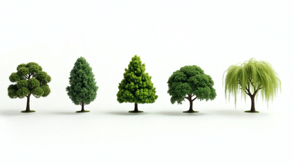 Poster - five different type of tree presented, various shapes and textures, showcasing the diversity of nature's greenery