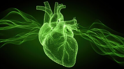 Poster - Green Abstract Illustration of a Human Heart with Digital Flowing Effects and Biometric Elements