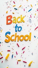 Poster - Colorful back to school sign surrounded by pencil shavings on a white background creates a vibrant and exciting atmosphere for the upcoming academic year