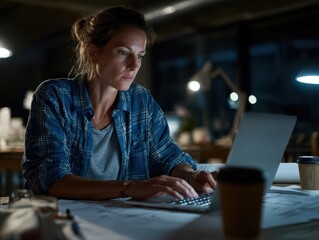 Poster - Focused woman using laptop at night in cozy workspace with coffee and blue plaid shirt in modern interior setting