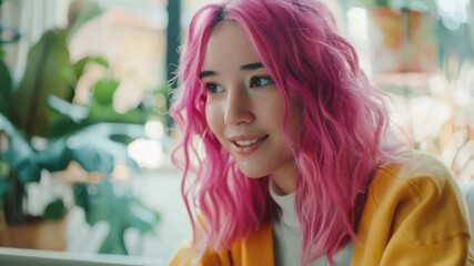 Poster - A woman with bright pink hair sits in front of a laptop, focused on her work