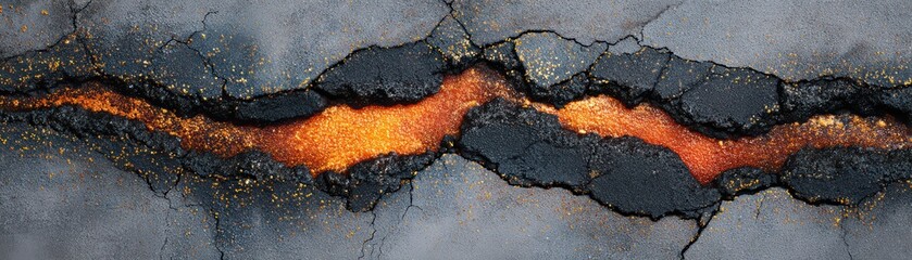 Poster - Cracked Surface with Fiery Glow and Glimmering Particles Between Dark Textured Layers