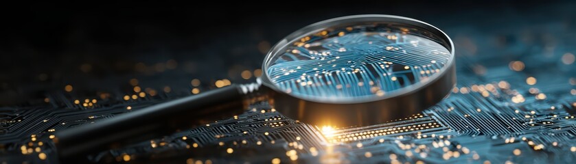 Poster - Close-Up View of Magnifying Glass Over Circuit Board with Lights and Technology Elements for Creative Design Projects