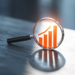 Poster - Magnifying Glass Highlighting Rising Graph on Wooden Desk Signifying Growth and Success in Business Analysis