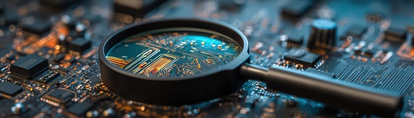 Poster - Magnifying Glass Highlighting Circuit Board Details with Technology Components in the Background