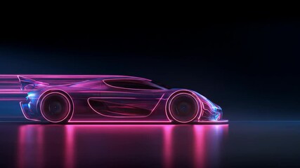 Poster - Futuristic glowing car on dark background. Digital vehicle with pink and blue neon lights moving in virtual world footage.