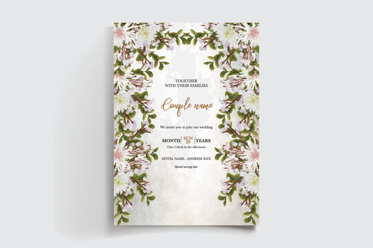 WEDDING INVITATION FRAME WITH FLOWER DECORATIONS AND FRESH LEAVES
