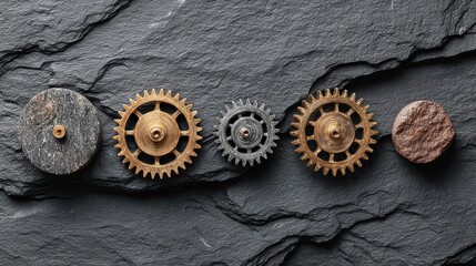 Poster - Detailed Arrangement of Vintage Gears on Dark Slate Background for Industrial and Mechanical Themes