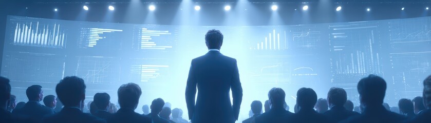 Poster - Business Executive Analyzing Data Trends in Modern Office with Digital Screens and Audience in Background