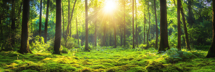  Lush Forest Ambiance with Moss-Covered Ground and Dappled Sunlight Filtering Through Leaves on a Serene Nature Scene