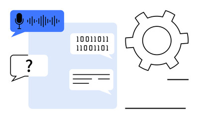 Poster - Microphone icons, speech bubbles with binary and text, and a gear symbolizing AI, automation, or machine learning. Ideal for AI, automation, programming, technology coding machine learning simple